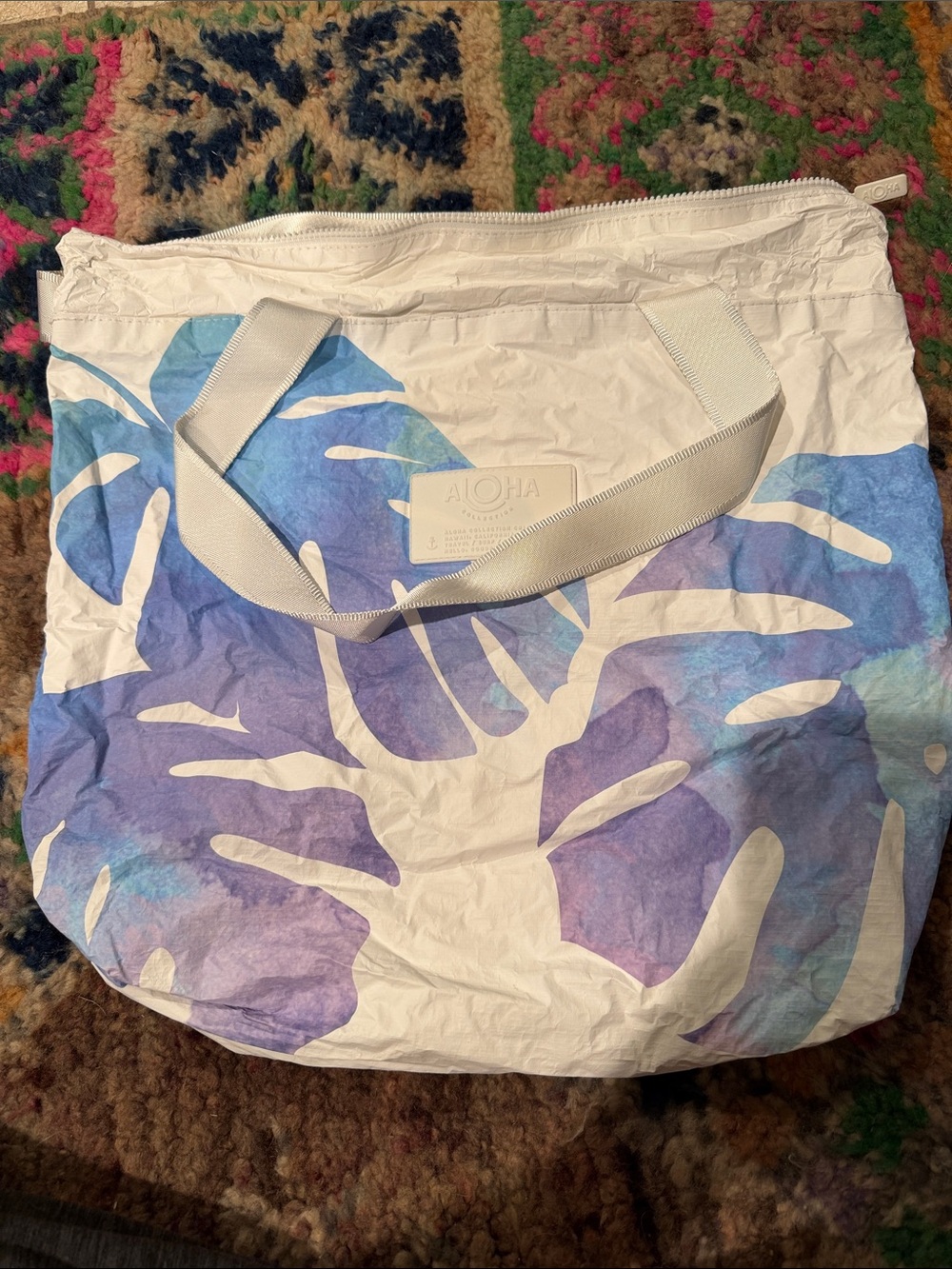 ALOHA Collection White Tote with Purple and Blue Leaf Print Monstera